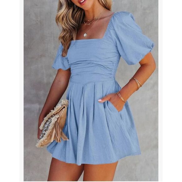 NEW Chambray Romper Puff Sleeve Square Neck Mini Lined Romper S - Picture 1 of 6